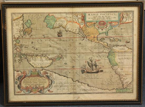 Abraham Ortellius (1527-1598) Map of the Maris Pacifici, 1589, 15.25 x 21in.